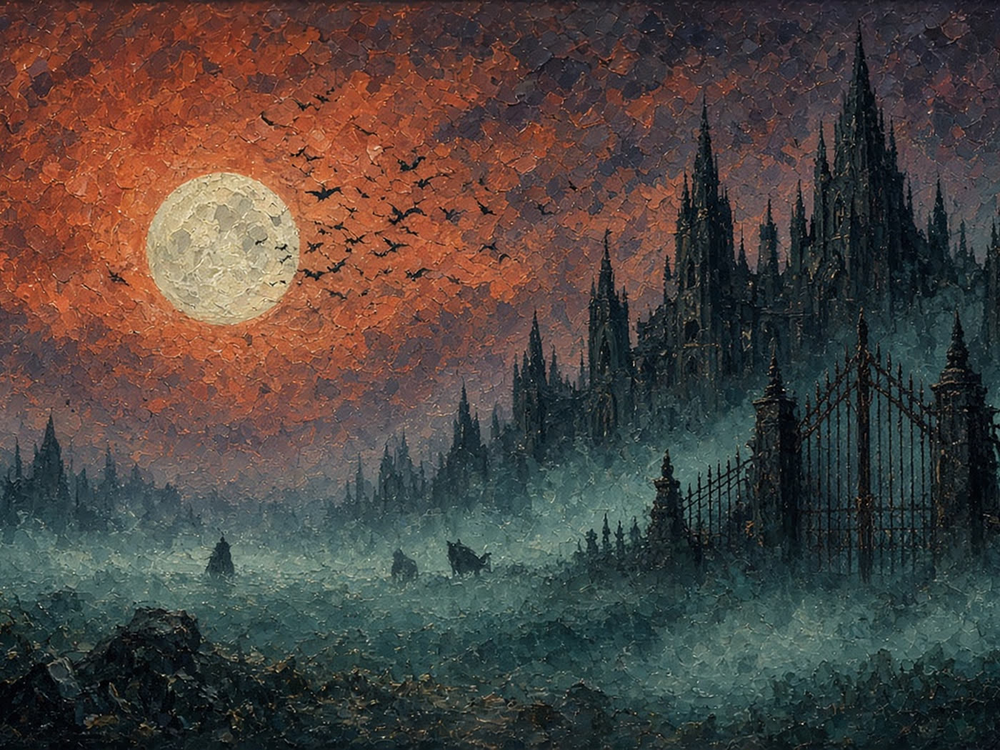 Veil artwork, desktop crop. Castle in mist under a dusk sky.