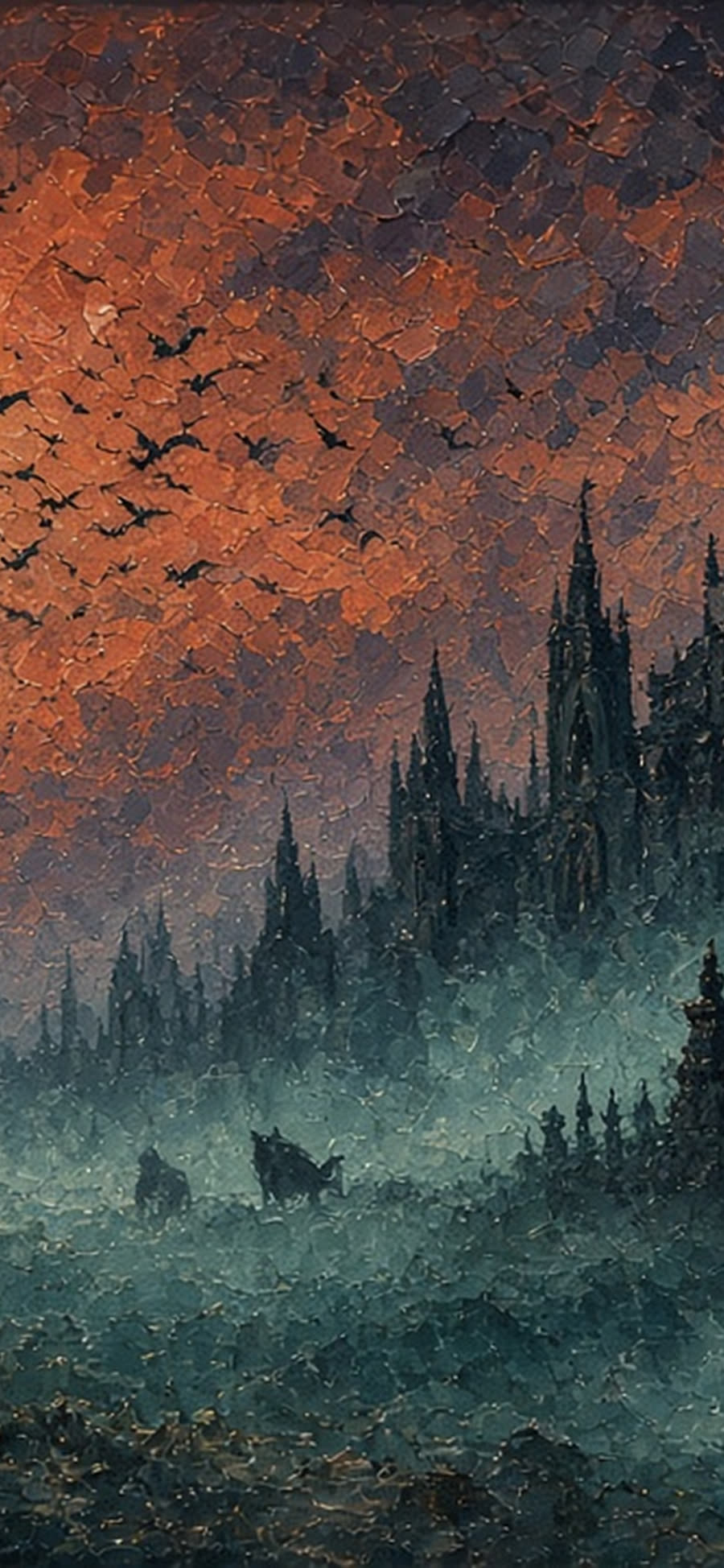 Veil artwork, phone crop. Dusk sky, bats, and wolves in the mist.