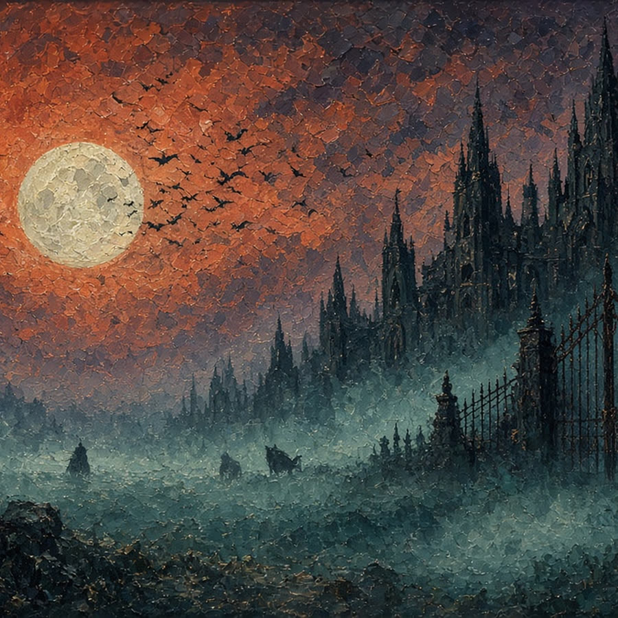 Veil artwork, tablet crop. Spires and mist.