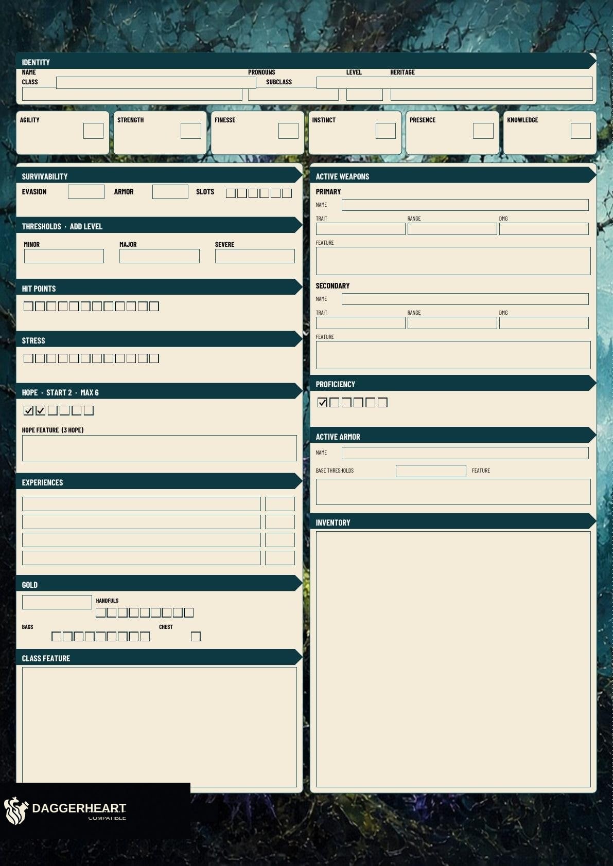 Witherwild A3 folio play sheet. Identity, traits, and the Wither guide.
